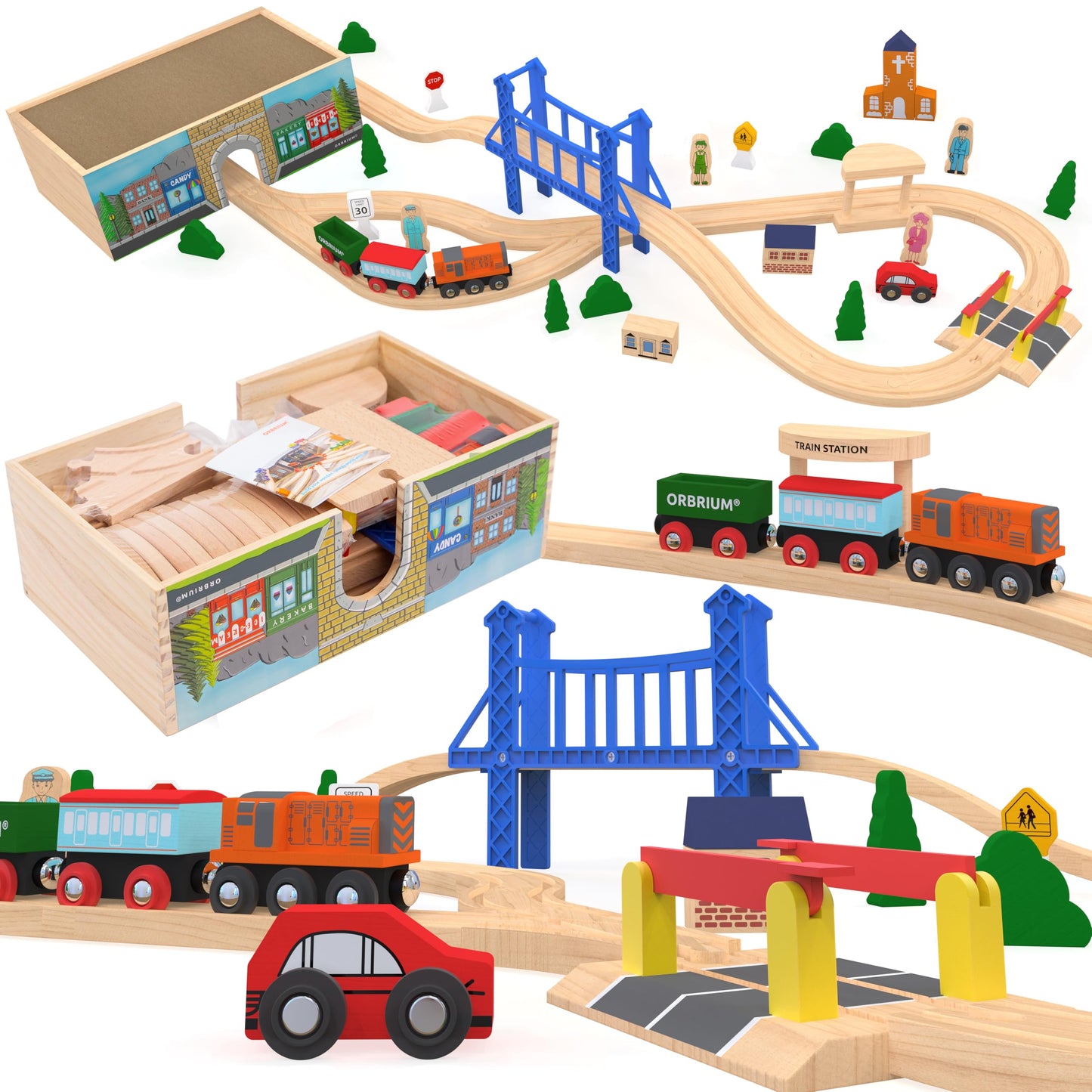 Wooden Train Set Deluxe 52 Pcs with Storage Gift Box Tunnel 9 Layouts Magnetic Trains STEM Montessori Toys Playset for Grandkids Toddler Boys Girls