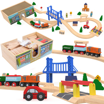 Wooden Train Set Deluxe 52 Pcs with Storage Gift Box Tunnel 9 Layouts Magnetic Trains STEM Montessori Toys Playset for Grandkids Toddler Boys Girls