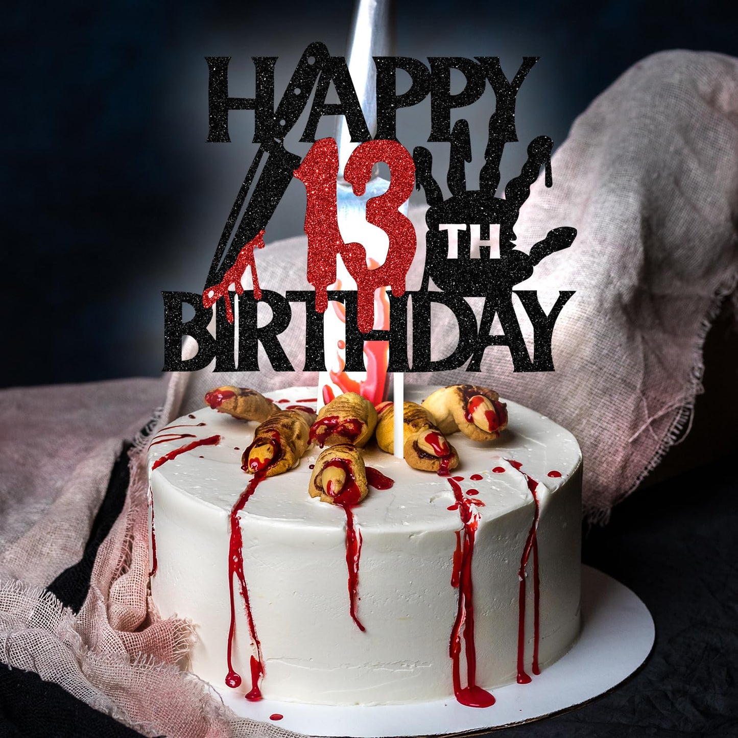 Black Glitter Killer Happy 13th Birthday Cake Topper, Halloween Zombie Vampire Bloody Friday Birthday Décor, Halloween Horror Themed 13th Birthday