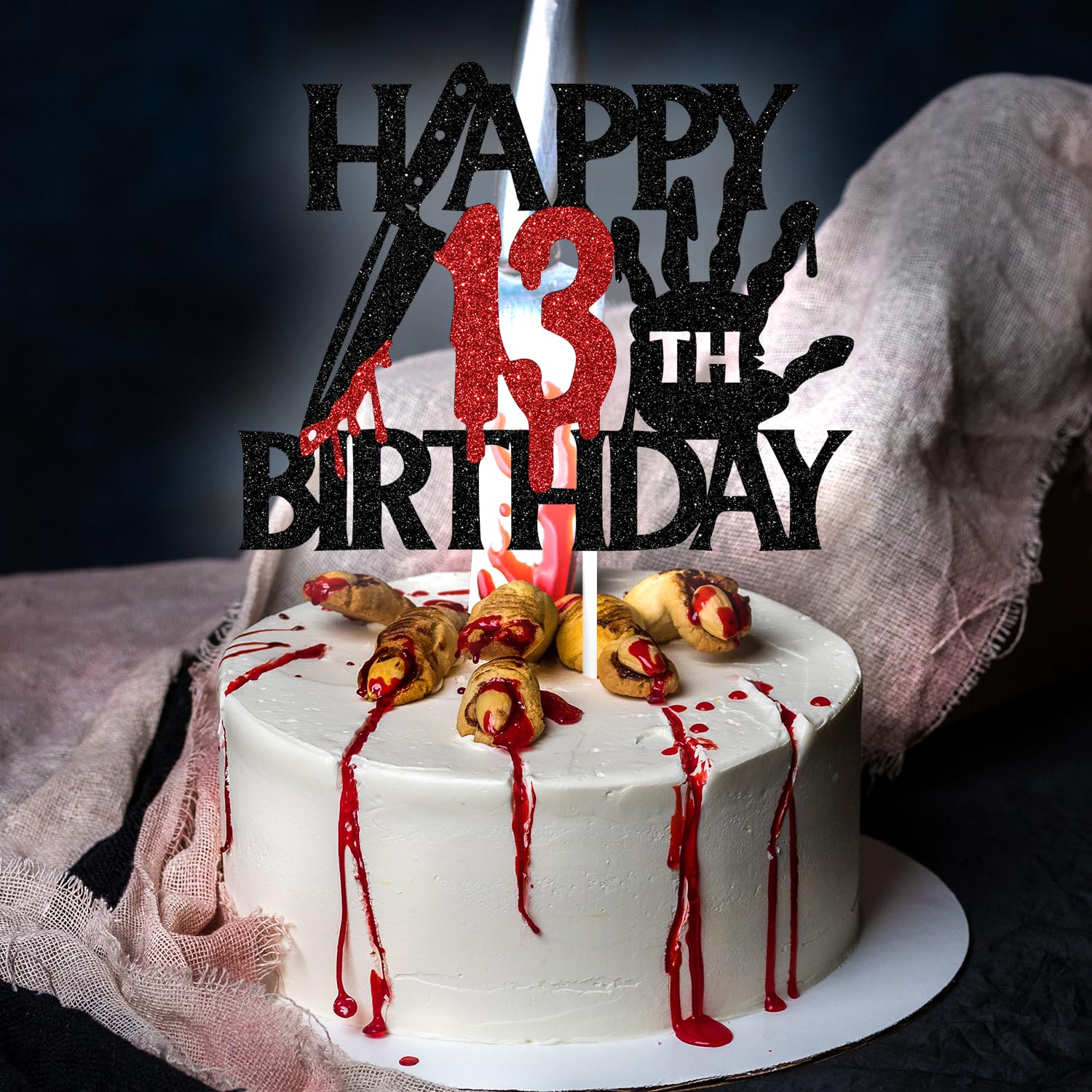 Black Glitter Killer Happy 13th Birthday Cake Topper, Halloween Zombie Vampire Bloody Friday Birthday Décor, Halloween Horror Themed 13th Birthday