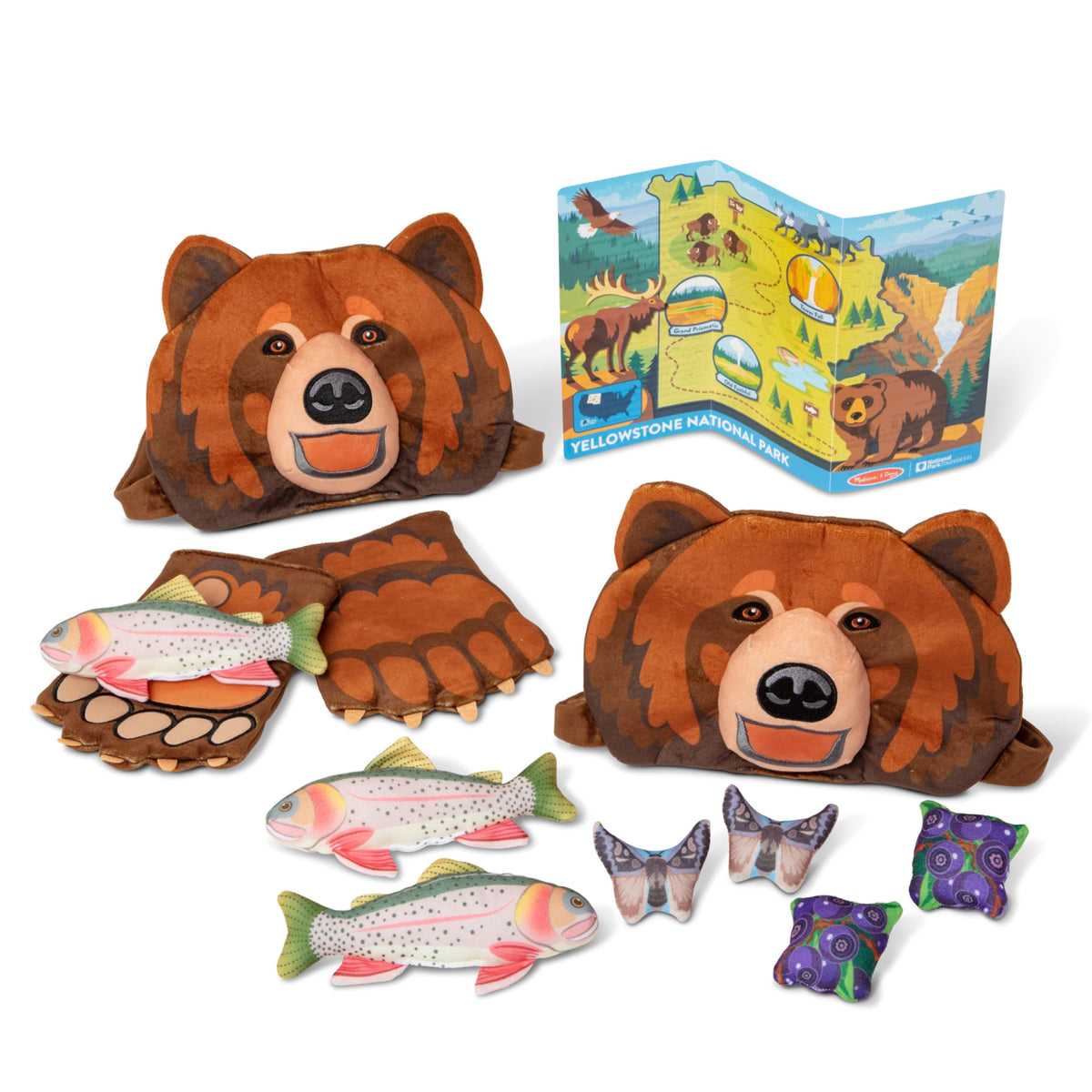 Melissa & Doug Yellowstone National Park Grizzly Bear Games and Pretend Play Set with Plush Bear Heads and Paw Gloves, Kids Animal Activity for