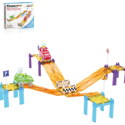 PicassoTiles Magnetic Race Track Car Slide Magnet Building Blocks Tiles Sensory Toys for Kids Toddlers Include Trucks Character Action Figures STEM