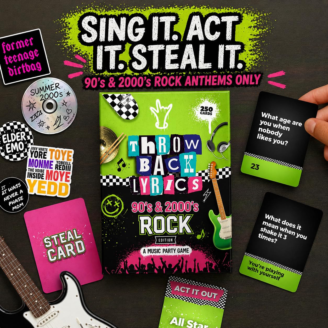 Throwback Lyrics - 90s & 2000s Rock Music Trivia & Finish the Lyrics Card Game | Charades + Steal Cards | Adult Party Game for Game Night, Girls