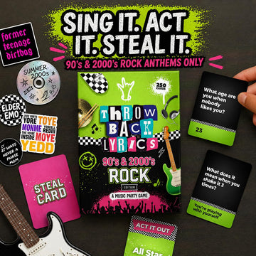 Throwback Lyrics - 90s & 2000s Rock Music Trivia & Finish the Lyrics Card Game | Charades + Steal Cards | Adult Party Game for Game Night, Girls