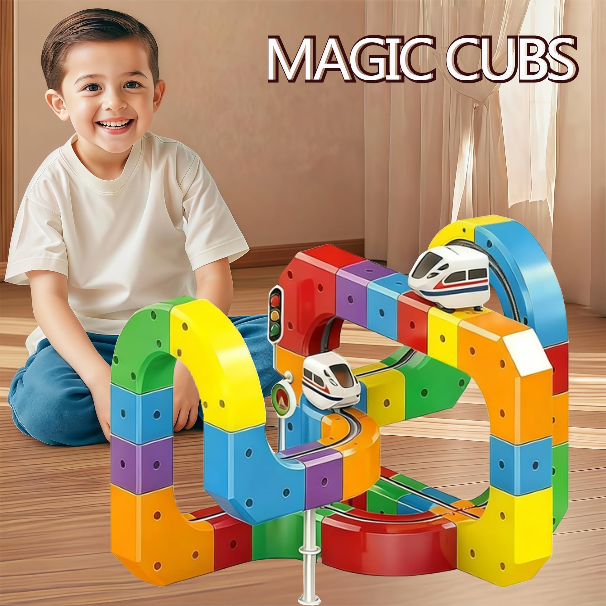 81PCS 3D Building Cube Track - Magical Track Train USB Rechargeable, DIY Race Car Track Building Kits with Signs,Rail Cube Magnetic Monorail, STEM