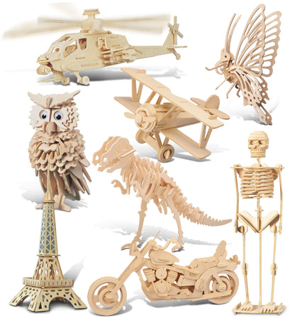 Puzzled 3D Wooden Puzzles Pack of 30 - Wood Craft Construction Model Kits for Kids & Adults of Assorted Random 30 Kits, Educational DIY Toy
