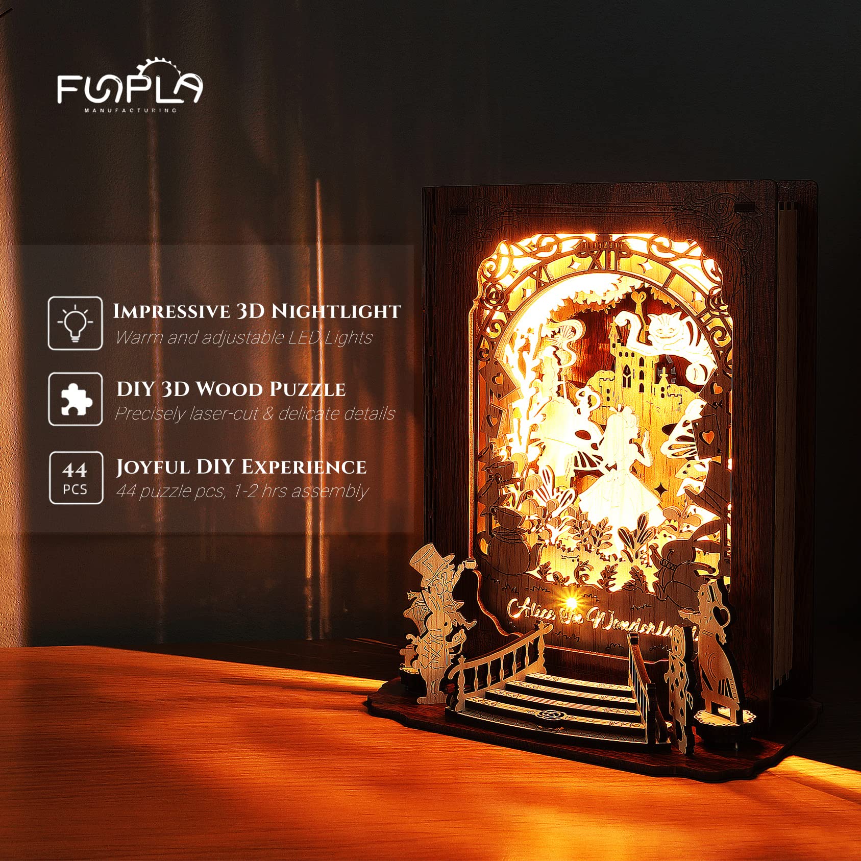FUNPOLA Alice in Wonderland 3D Puzzle Nightlight - DIY 3D LED Book Lamp - 3D Wood Puzzles Décor Lamp for Adults