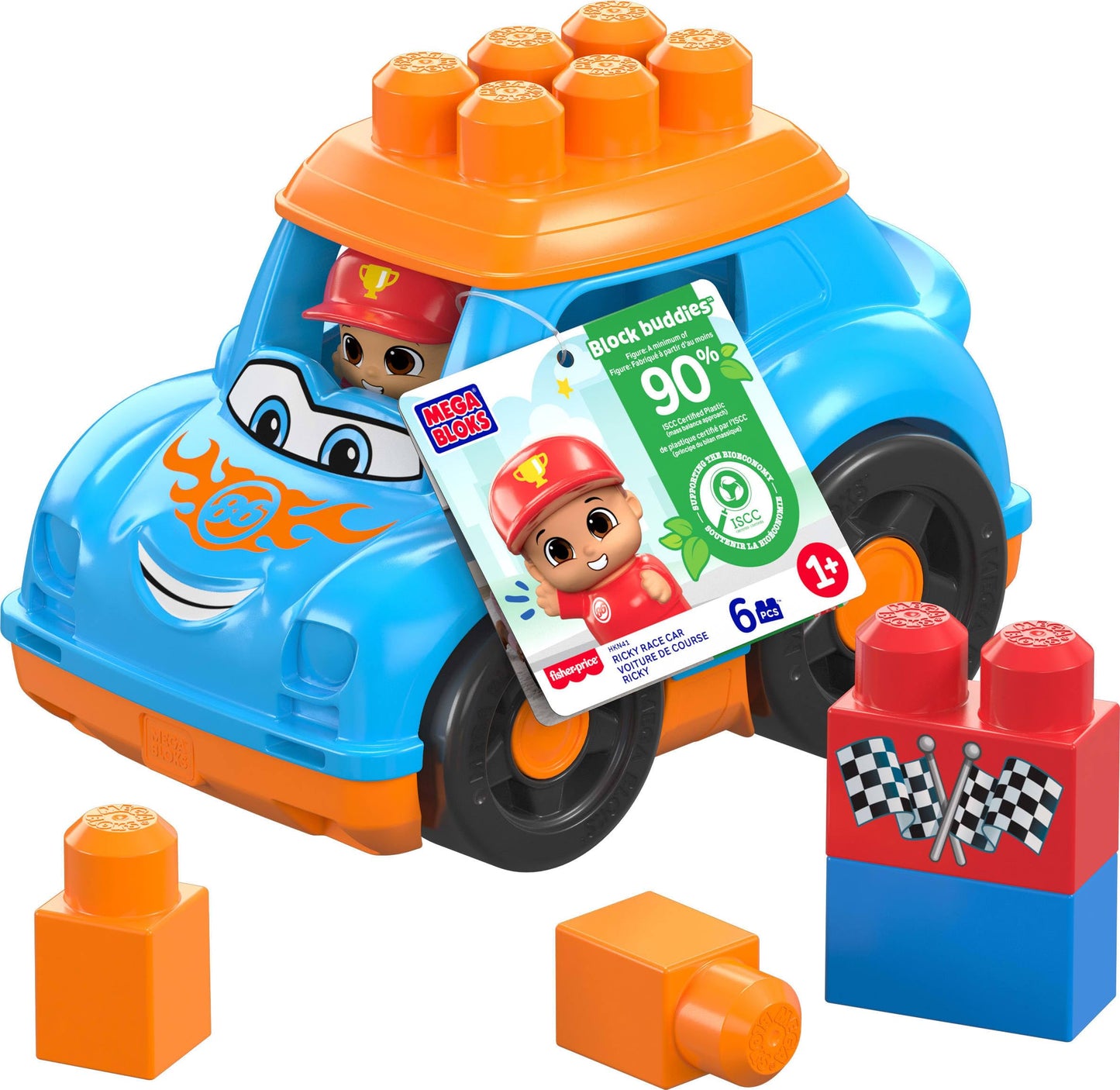 Mega Bloks First Builders Toddler Building Blocks Toy Set, Ricky Race Car with 6 Pieces and Storage, 1 Figure, Blue, Ages 1+ Years