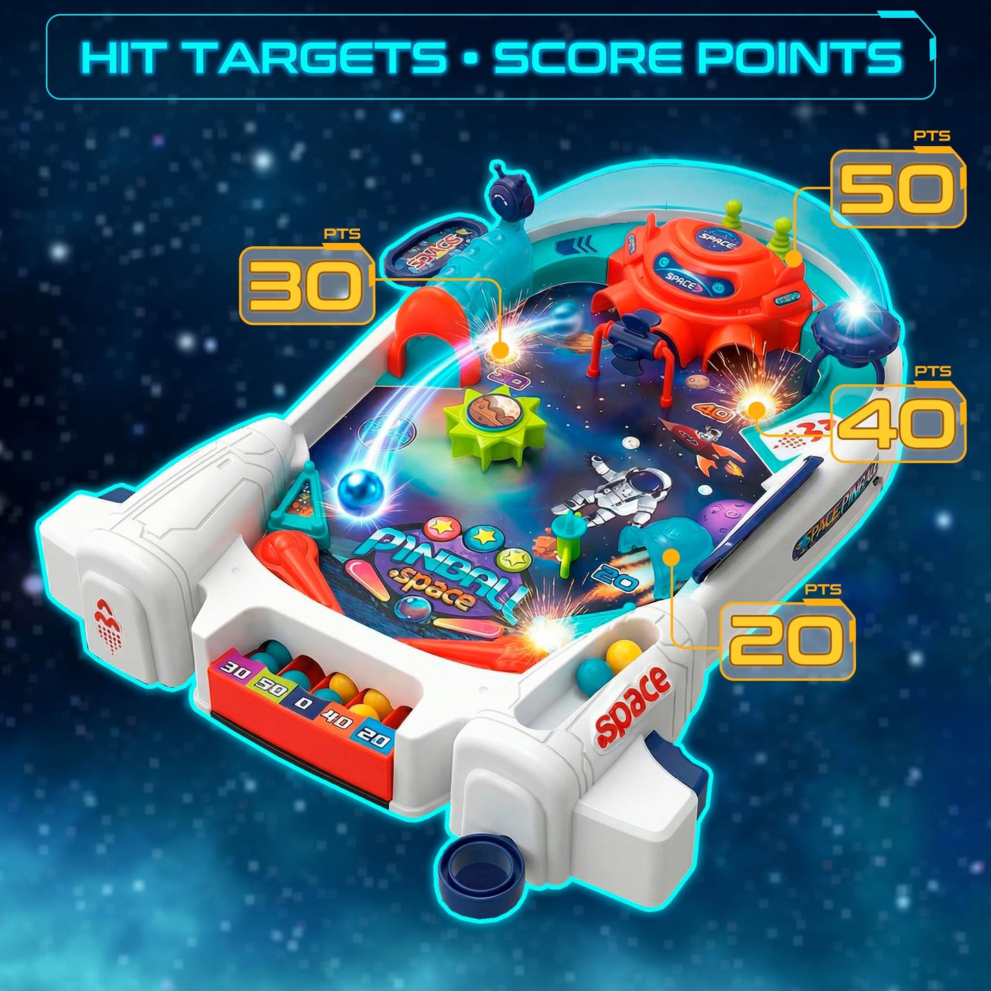 OLEOCA Space Pinball Machine - Tabletop Arcade Game with Obstacles, Pull-Rod Launcher, Flippers, UFO Targets & Astronaut Theme, 1-2 Player Mini