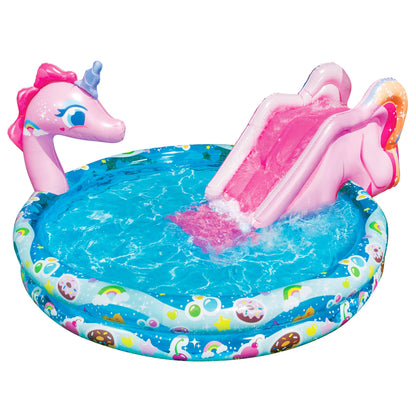 BANZAI Spray 'N Splash Unicorn Pool, Length: 78 in, Width: 60 in, Height: 32 in, Inflatable Outdoor Backyard Water Slide Splash Toy