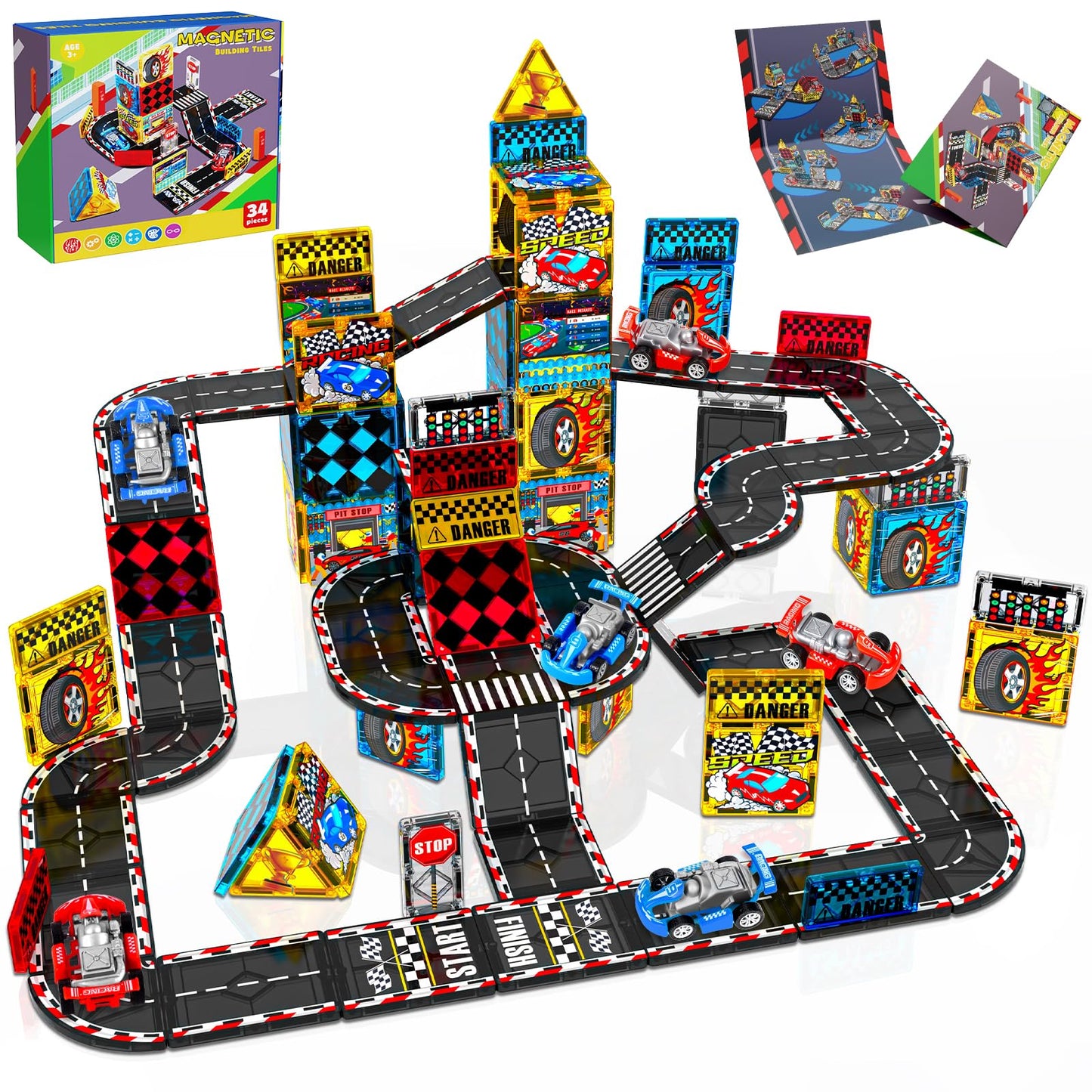 Magnetic Tiles Road Set | Magnet Tiles Race Track, Magnetic Car Racing Tile for Kids Ages 4-8 5-7, Magnetic Tile Rails Building Toys STEM Learning