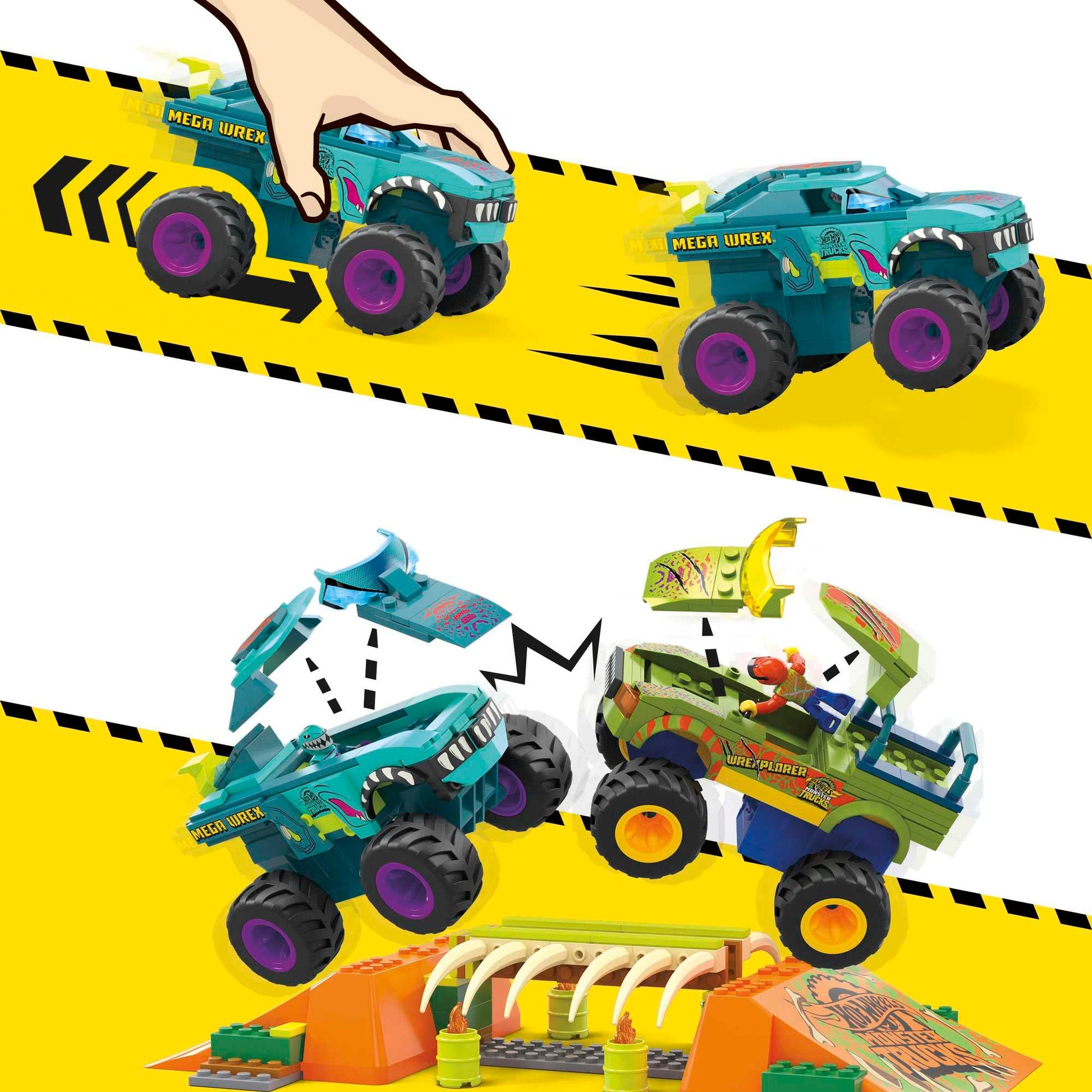 MEGA Hot Wheels Monster Trucks Building Toy, Smash & Crash Mega-Wrex Boneyard Stunt Course with 332 Pieces, 2 Figures and 2 Ramps, Kids Age 5+ Years