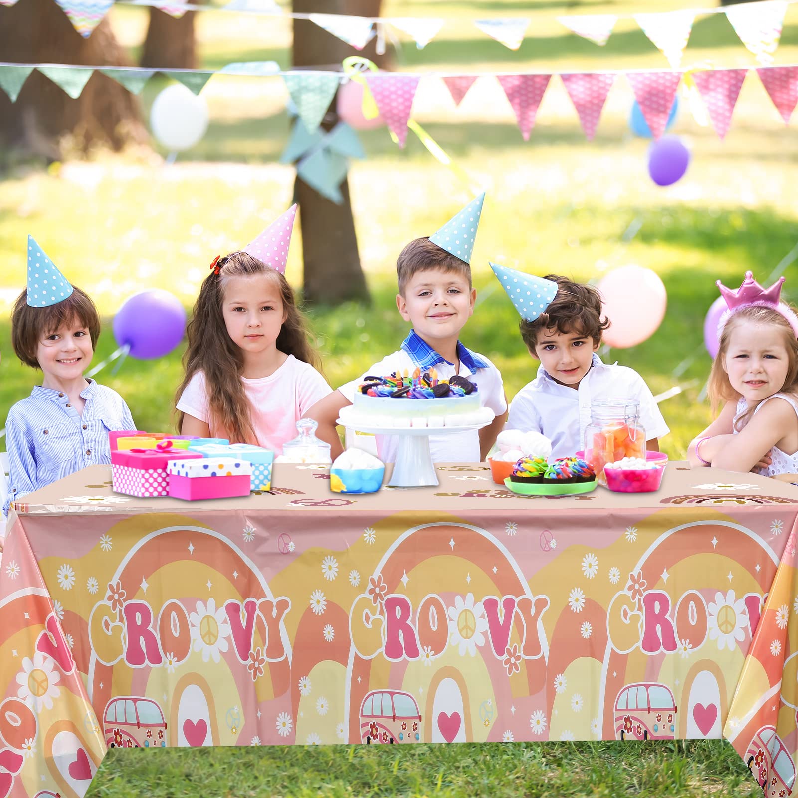 3 Pcs Two Groovy Party Plastic Tablecloths Groovy Retro Hippie Boho Party Decorations Rainbow Daisy Flower Rectangle Disposable Table Cover for Girls
