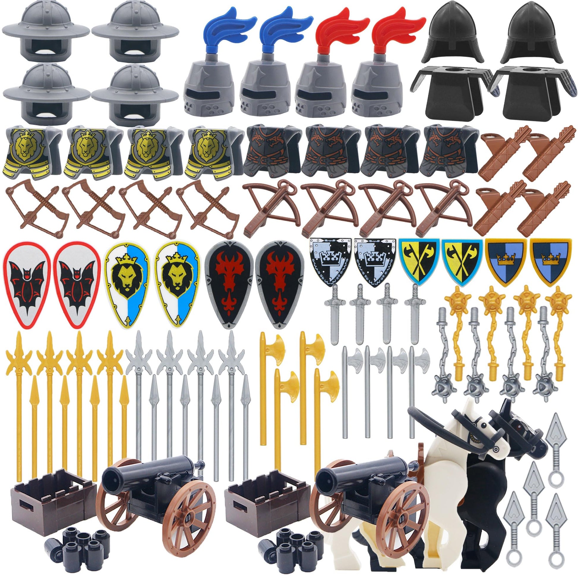 BroTex Knights People Accessories Building Block - Medieval Weapon Armor Swords Helmet Horse, Castle Knight Shield Spear, MOC Bricks Parts Toys Sets