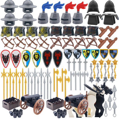 BroTex Knights People Accessories Building Block - Medieval Weapon Armor Swords Helmet Horse, Castle Knight Shield Spear, MOC Bricks Parts Toys Sets
