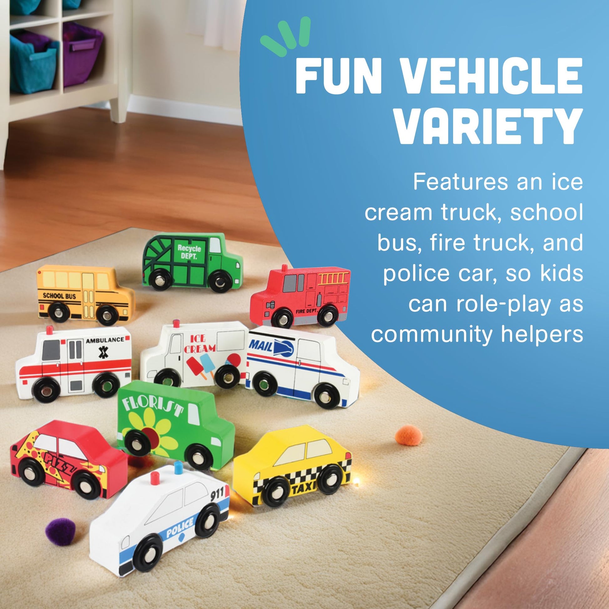 Constructive Playthings Set of 10 Wooden Community Vehicles, Freewheeling Wooden Cars and Trucks, Imaginative Play for Ages 3 Years and Up