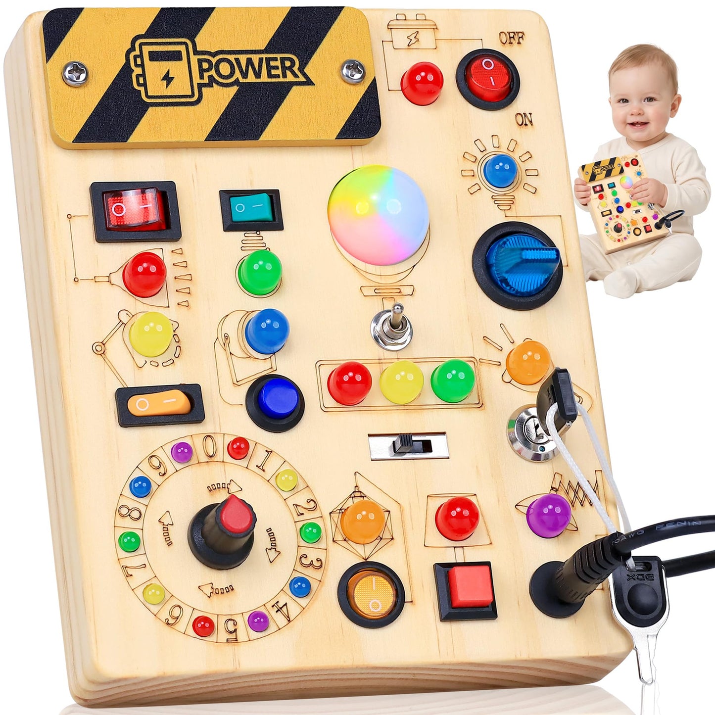 RichBoy Busy Board Montessori Sensory Toy, 37-in-1 Switch Board with 24 LED Lights, Birthday Gift for 1 2 3 Year Old Boys Girls, Safety for Toddlers