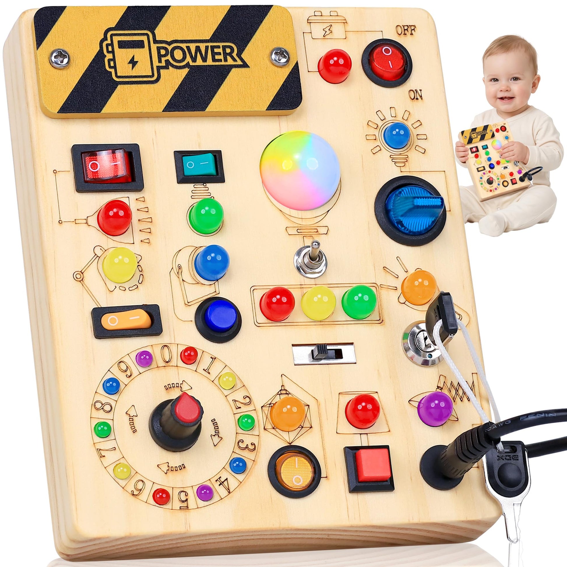 RichBoy Busy Board Montessori Sensory Toy, 37-in-1 Switch Board with 24 LED Lights, Birthday Gift for 1 2 3 Year Old Boys Girls, Safety for Toddlers
