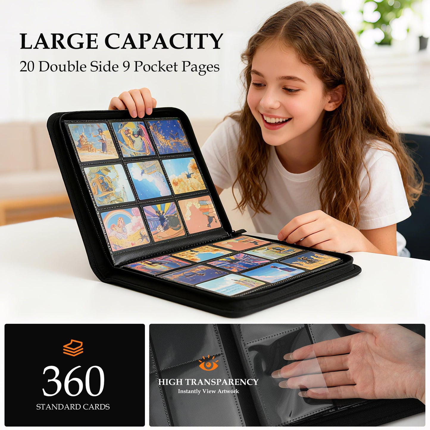 Coolbyl Card Binder 9 Pocket - Premium Card Collection Binder for 360 Cards, Durable Side-Loading Card Album with Zipper, Perfect for TCG, MTG, and