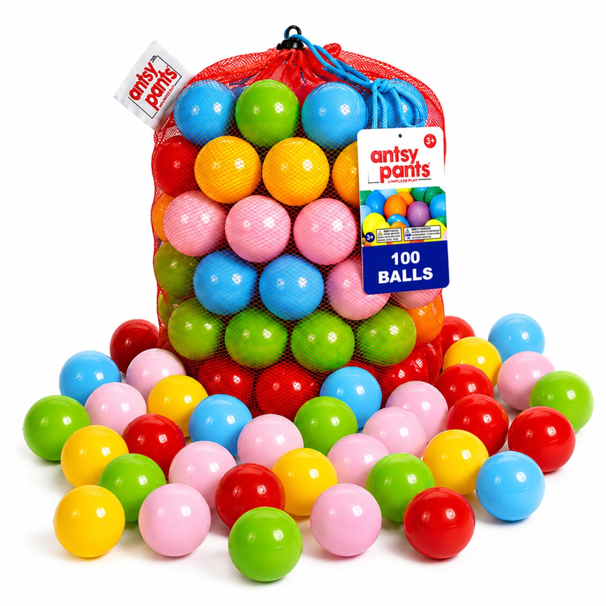 Antsy Pants 200 Ball Pit Balls, Ball Pit for Toddlers 1-3, Non-Toxic Materials, Lightweight, 5 Colors, Reusable Storage Bag, Plastic Balls for Ball