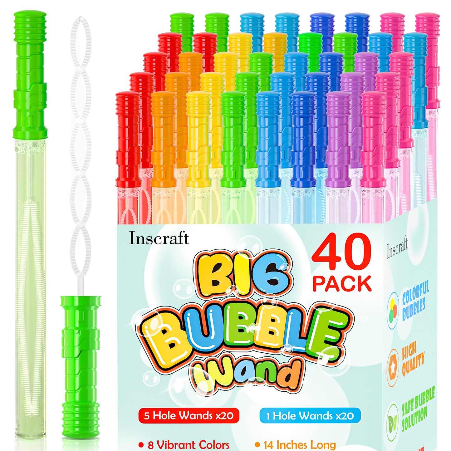 Inscraft 40 Pack 14’’ Big Bubble Wands, 8 Colors Mix Bulk for Summer Toy, Outdoor/Indoor Activity Use, Easter, Birthday, Graduation, Shower, Bubbles