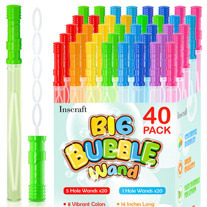 Inscraft 40 Pack 14’’ Big Bubble Wands, 8 Colors Mix Bulk for Summer Toy, Outdoor/Indoor Activity Use, Easter, Birthday, Graduation, Shower, Bubbles