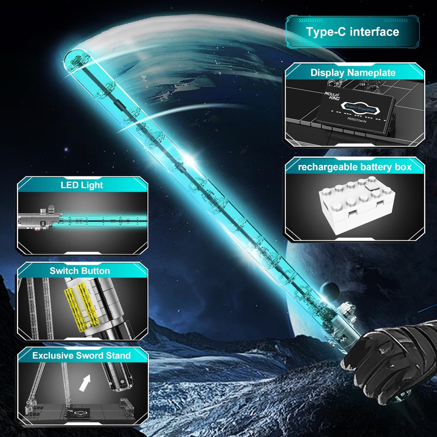 Mould King 10139 Lightsaber Building Set, Light Saber with Stand, Rechargeable LED Light Sword for Adult Birthday Thanksgiving Xmas Toys Gift