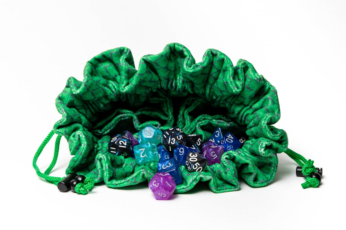 FanRoll Dragon StormTM Velvet Compartment Dice Bag: Green Dragon Scales