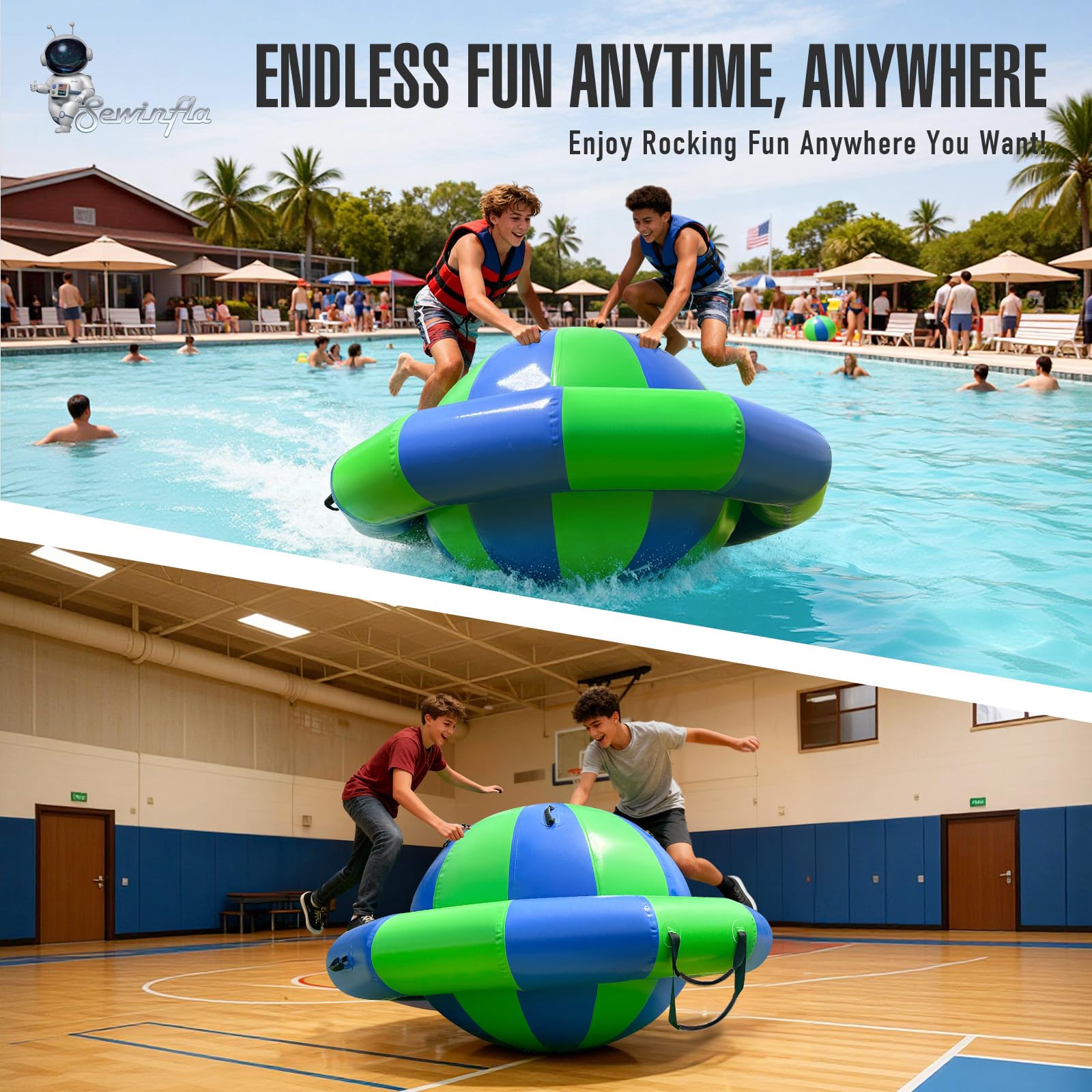 Sewinfla 6.5×3.6FT Giant Inflatable Dome Rocker Water Bouncer with Electric Pump,Heavy-Duty 0.6mm PVC Rocker Dome with 6 Handles, Ladder Access