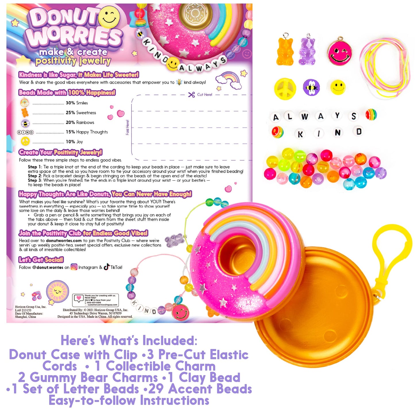 Donut Worries Make & Create Positivity Jewelry, 2-in-1 Collectible Bead Kits, Meaningful Jewelry For Teen Girls, Make Your Own Jewelry Kit & DIY