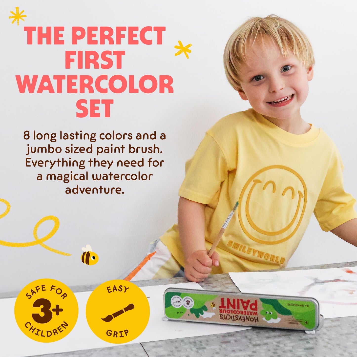 Honeysticks Non-Toxic Watercolor Paint Set for Kids and Toddlers - 8 Vibrant and Long Lasting Colors with Brush - Natural and Food Grade Ingredients