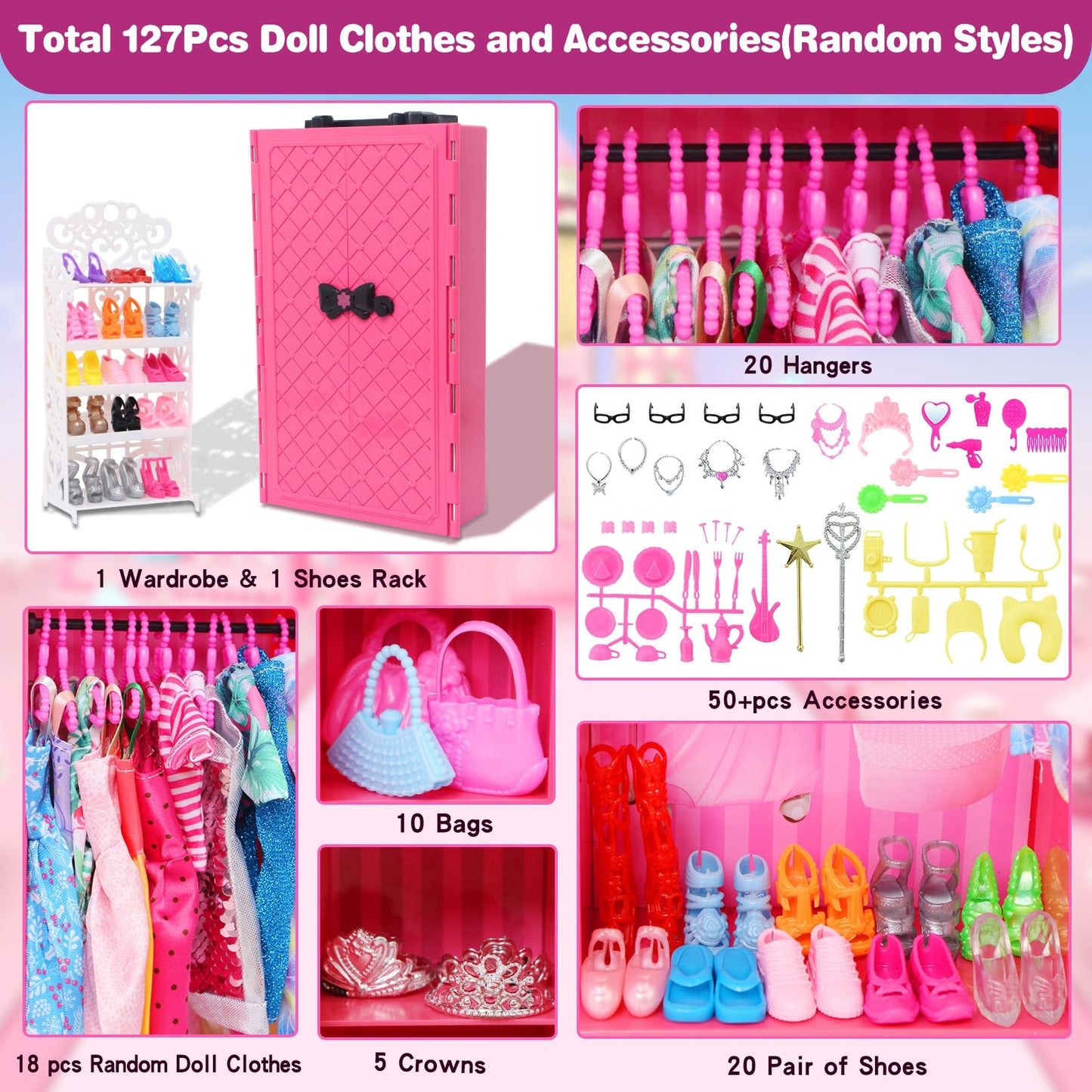 127pcs Doll Clothes Accessories and Closet for 11.5 inch Girl Doll,Dollhouse Wardrobe Storage Fashion Dress Gowns Outfits Swimsuits Tops Bottoms Shoe