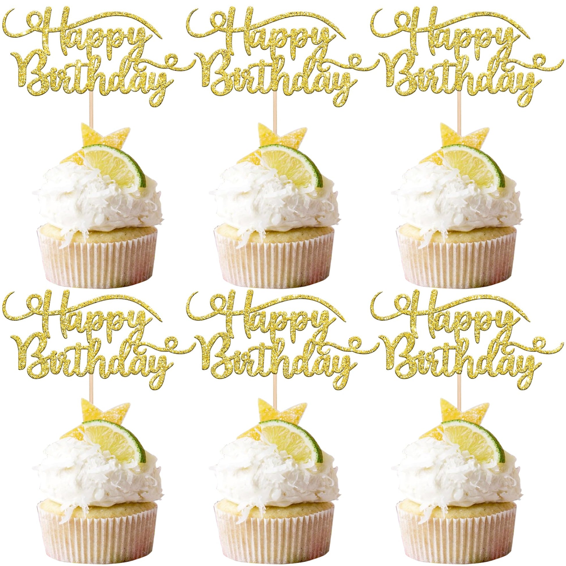 Rsstarxi 24 Pack Happy Birthday Cupcake Toppers Gold Glitter Birthday Cupcake Food Picks for Celebrating Happy Birthday Party Cake Decorations