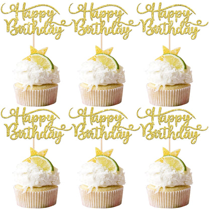 Rsstarxi 24 Pack Happy Birthday Cupcake Toppers Gold Glitter Birthday Cupcake Food Picks for Celebrating Happy Birthday Party Cake Decorations
