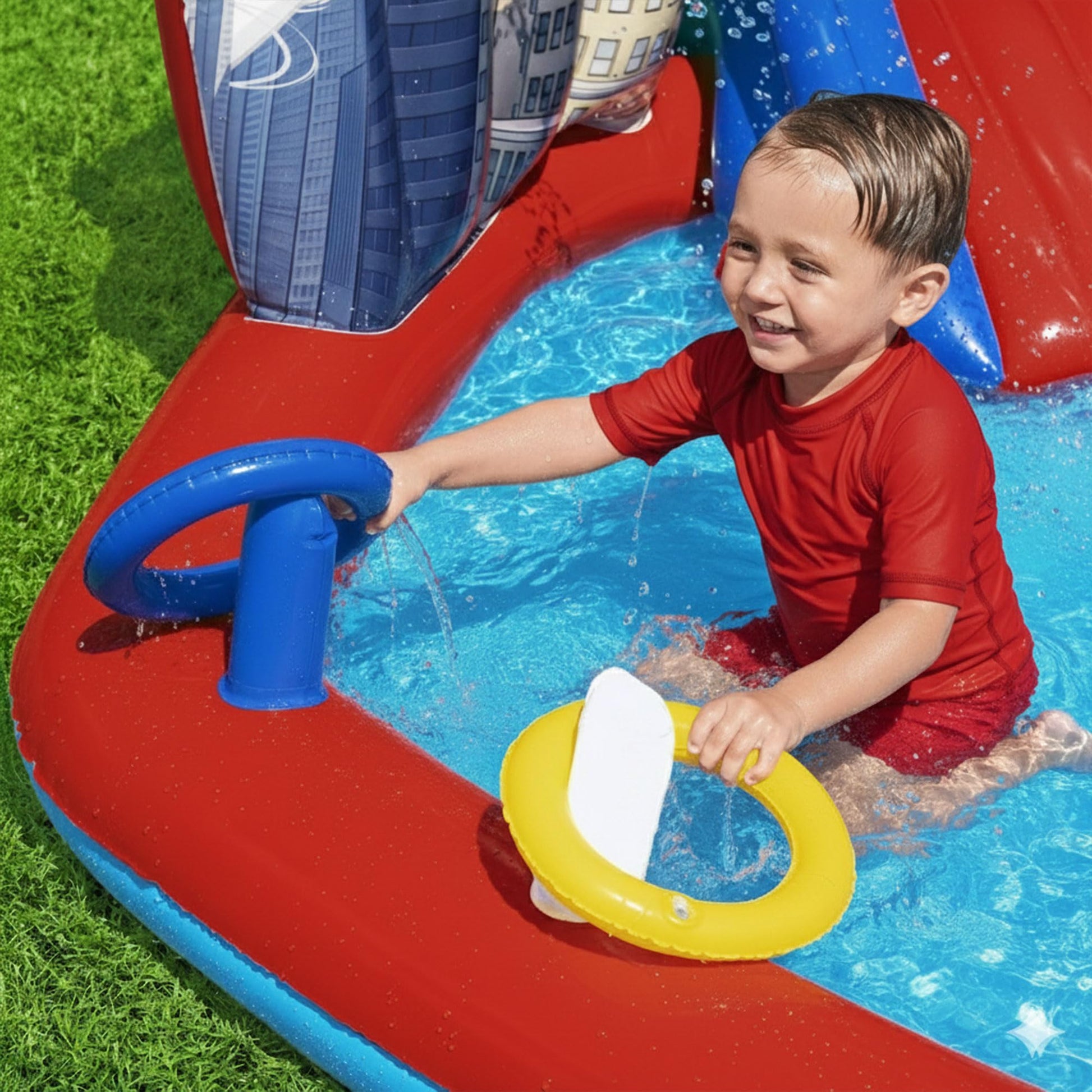 Marvel Spider-Man Inflatable Kids Backyard Water Play Center - Outdoor Sprayer Splash Kiddie Pool with Water Slide Arch, 6 Balls, Ring Toss