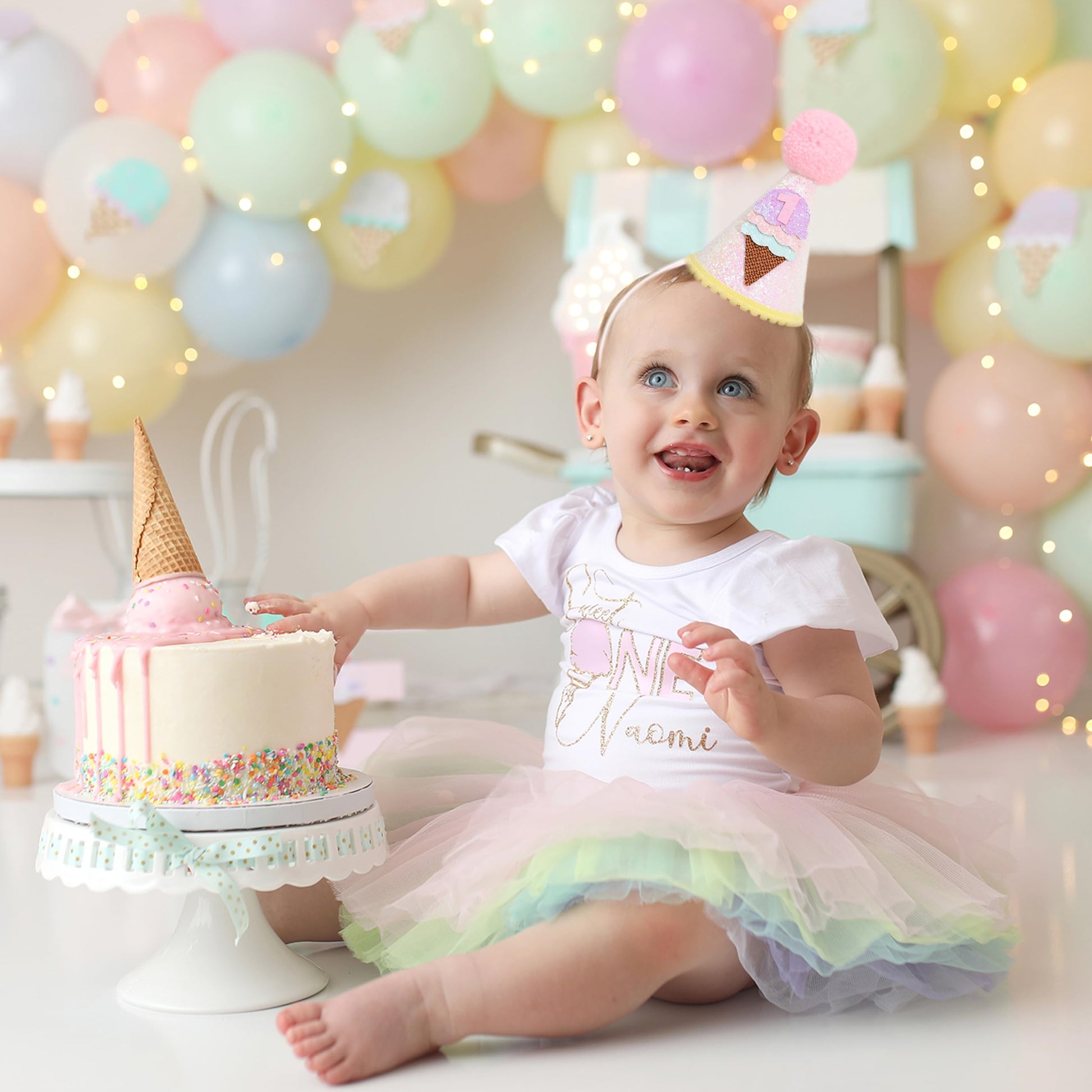 HIKLO Ice Cream 1st Birthday Cone Hat - Sweet One First Birthday Hat, Ice Cream 1st Birthday Decoration for Girls, Ice Cream Party Supplies