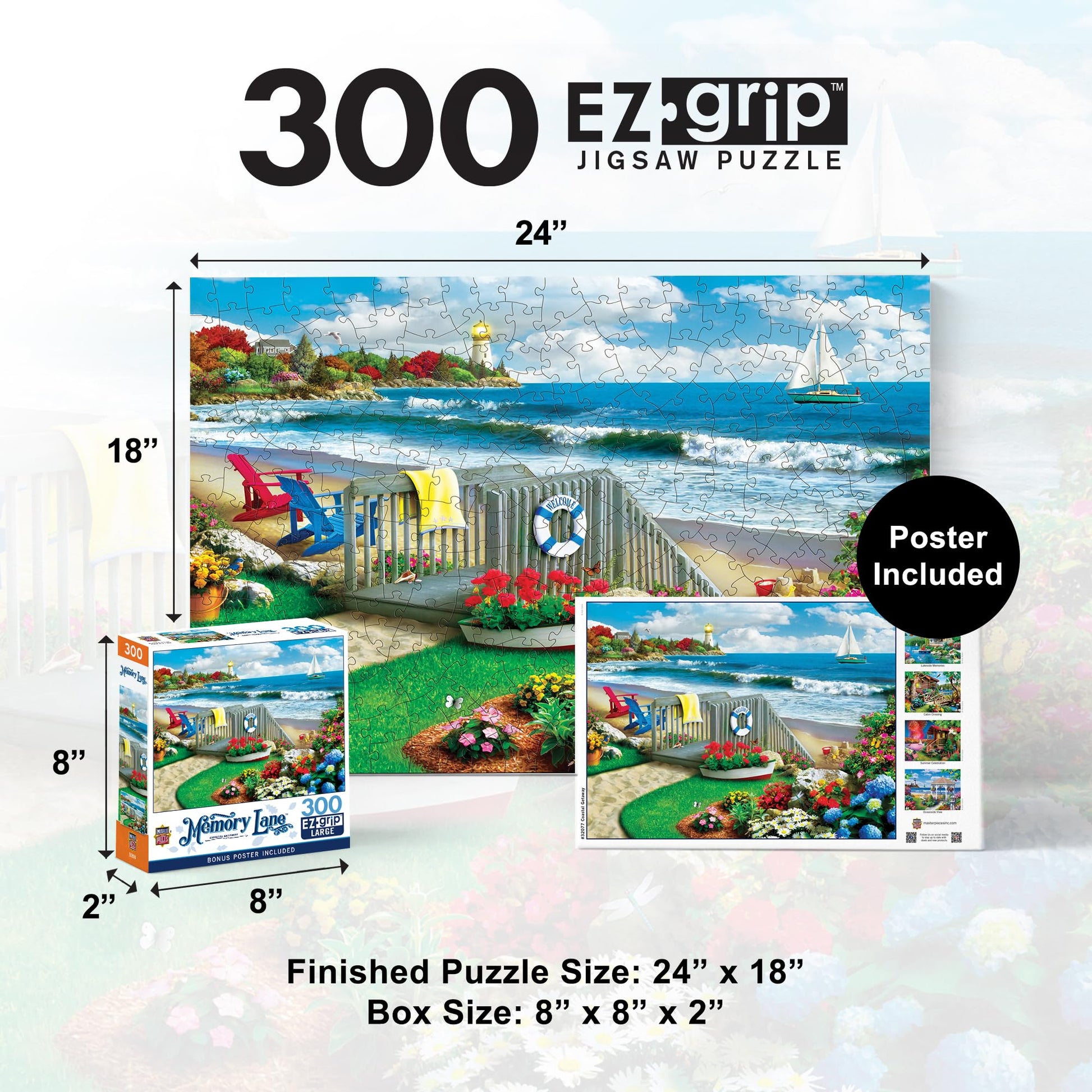 MasterPieces 300 Piece EZ Grip Jigsaw Puzzle - Coastal Getaway Beach Scene - Large Piece Puzzles for Seniors, Adults, and Family - Eco-Friendly