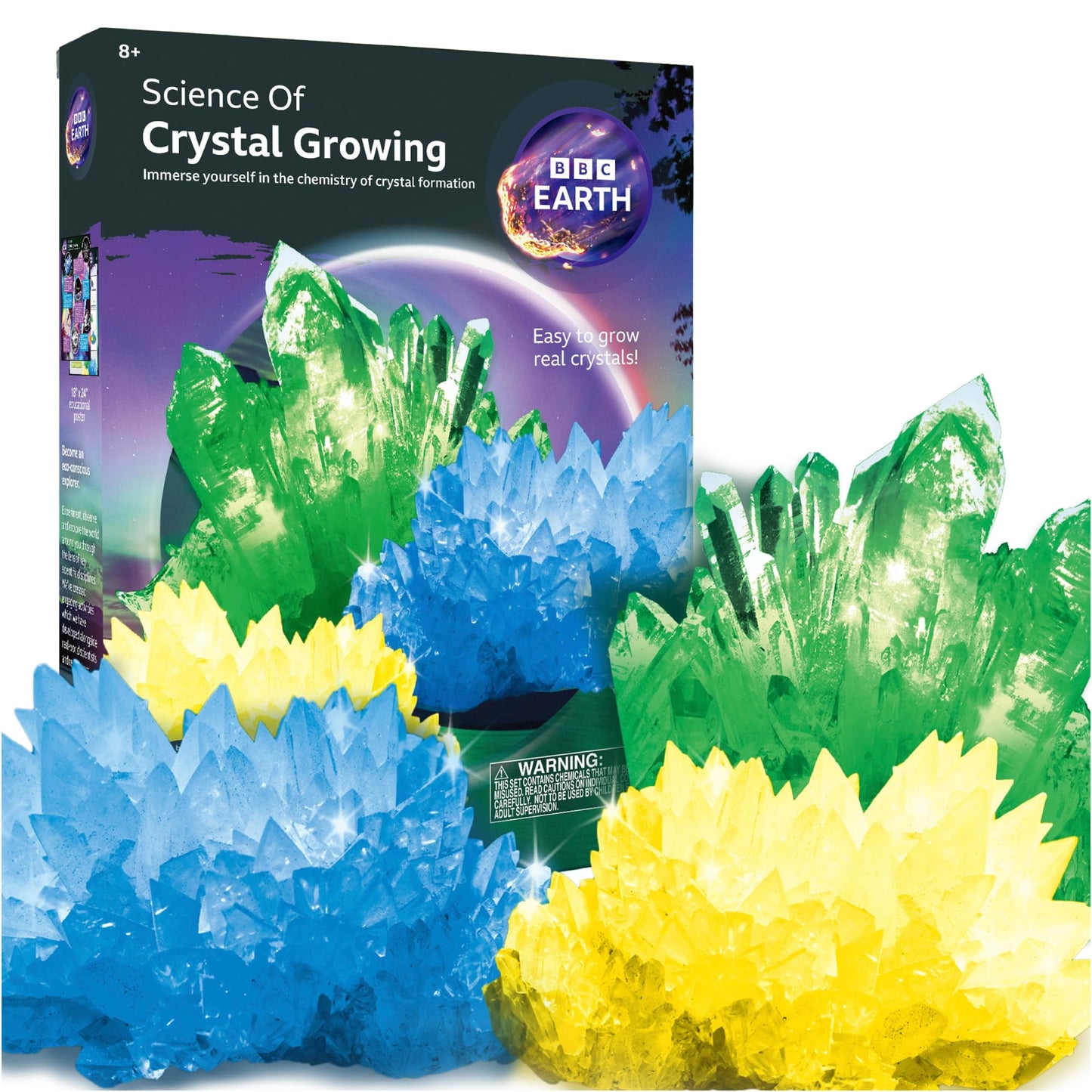 BBC Earth Science of Crystal Growing, Grow 3 Dazzling Crystals, Includes Display Case, Powdered Paints, Learning Guide, Crystal Growing Kit, STEM