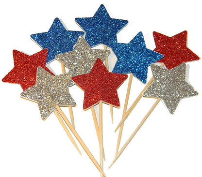 36 Pieces Glitter Star 4th of July Cupcake Toppers Glitter Gold Star Cakes Toppers for Independence Day 4th of July Party Supplies Favors(Blue Red