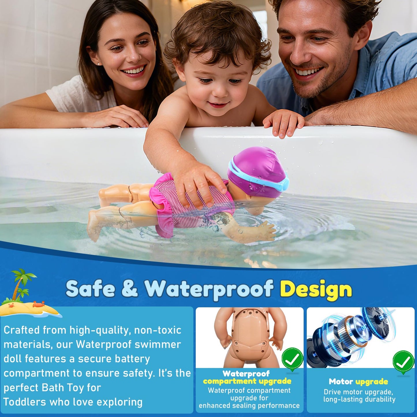 Waterproof Electric Swimming Doll for Pool and Bath, Interactive Swimmer Doll with Lifelike Backstroke, Fun Bath Toy for Toddlers, Excellent Summer