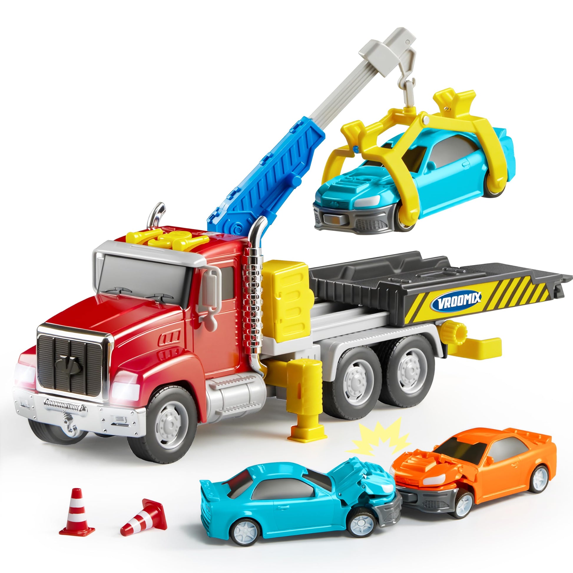 JOVA Vroomix Kids Tow Truck Toys for 3 4 5 6 7 Years Old Boys, Toddler Car Toys, Large Truck with 2 Transformation Cars and Trailer, Crane with Lights