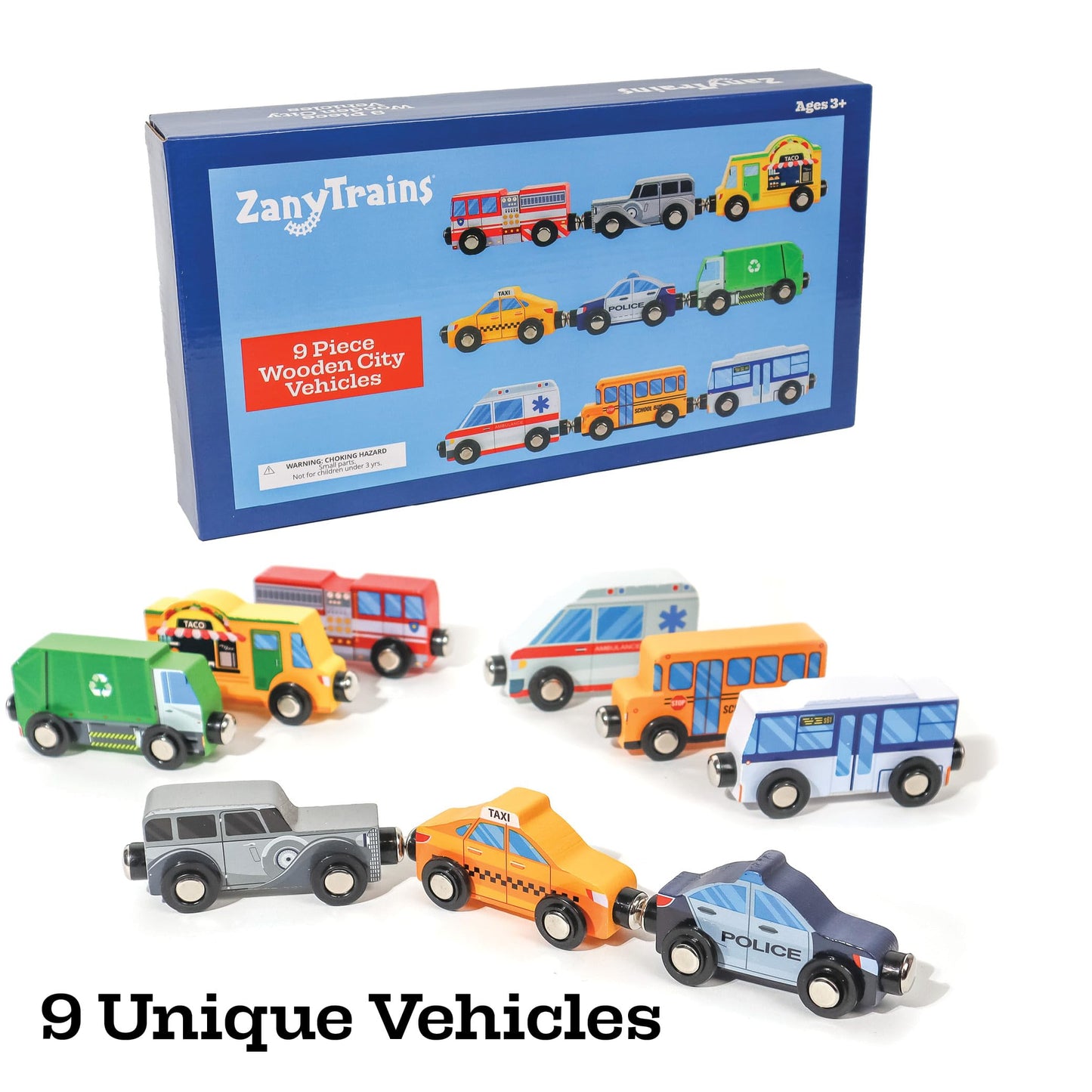 9 Piece Wooden Cars with Magnets - City Vehicles, Emergency Trucks, School Bus, Police, Fire, Ambulance, Taco Truck Toy - Community Helpers Play Set