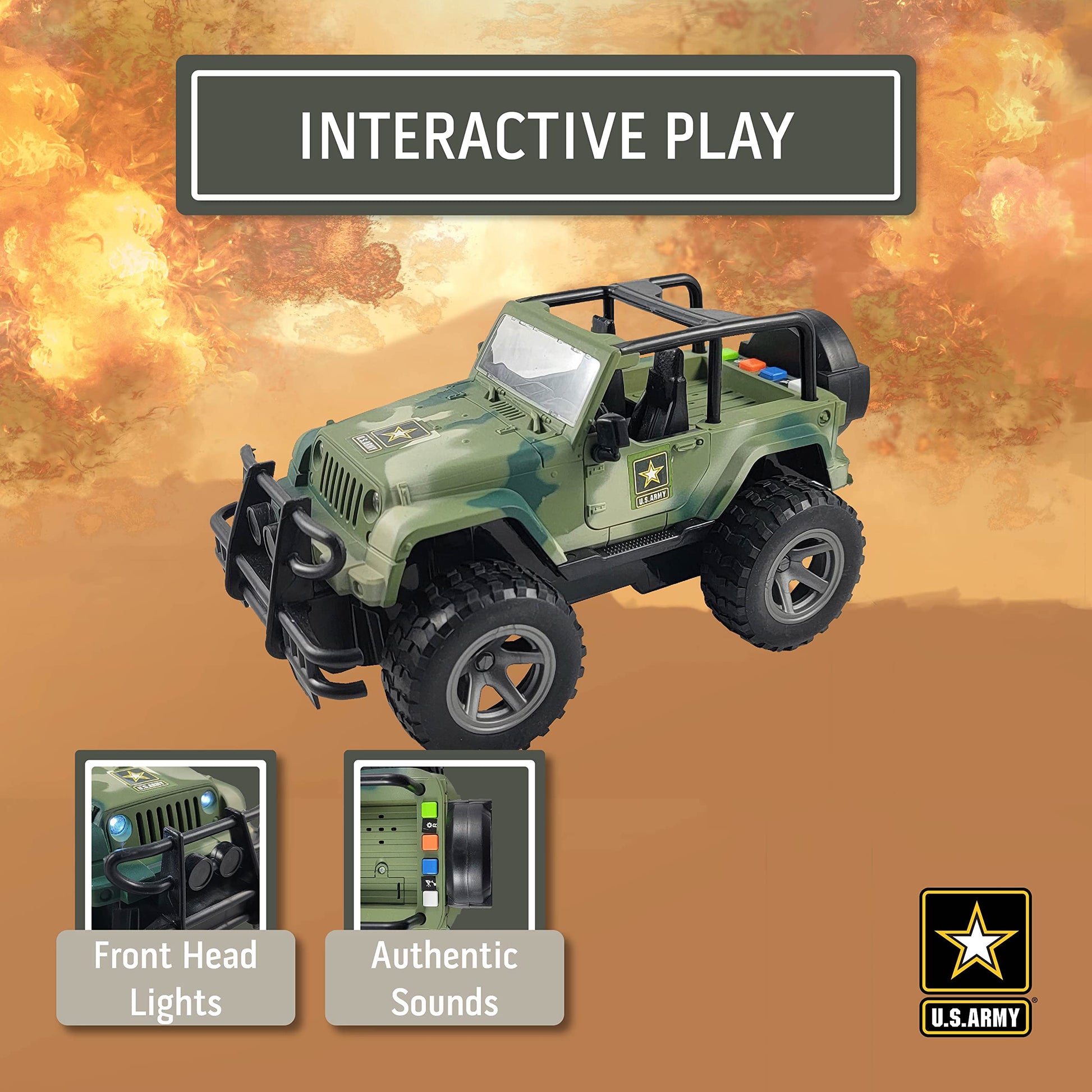 Lollipop United States Army Friction Powered 1/16 Model Off Road Vehicle w/Car Light & Sound, Push & Go Toy Rescue Battle Truck Military Toys 3+ yrs