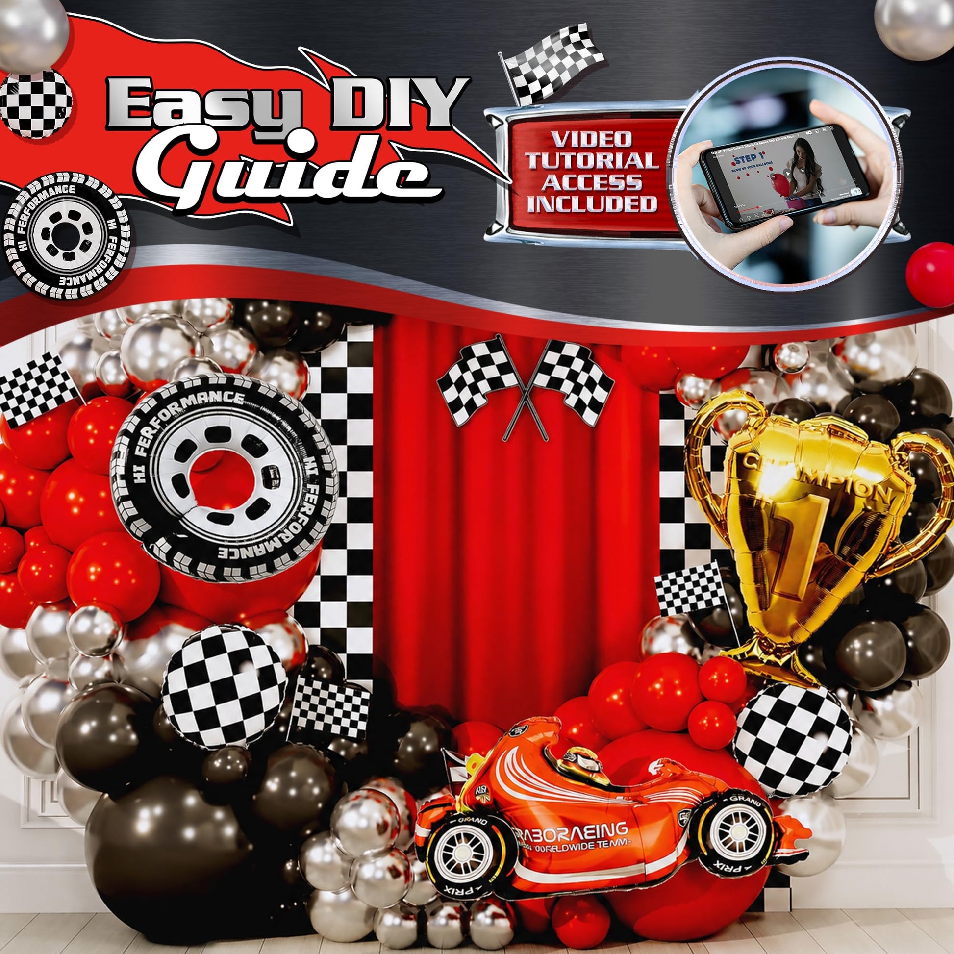 ALL-IN-1 Race Car Balloon Arch Kit with BONUS Trophy & RaceCar - Cars Balloon Garland Kit for Race Car Theme Birthday Party Supplies & Hot Wheels