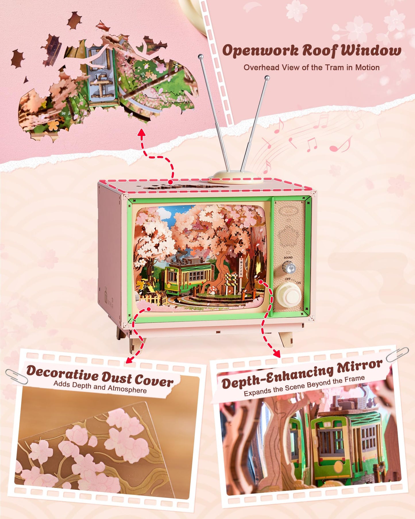 ROBOTIME 3D Wooden Puzzles for Adults DIY Miniature House Kits Music Box for Family Japanese Cherry Blossom Tree for Creative Gifts (Sakura Dreamy