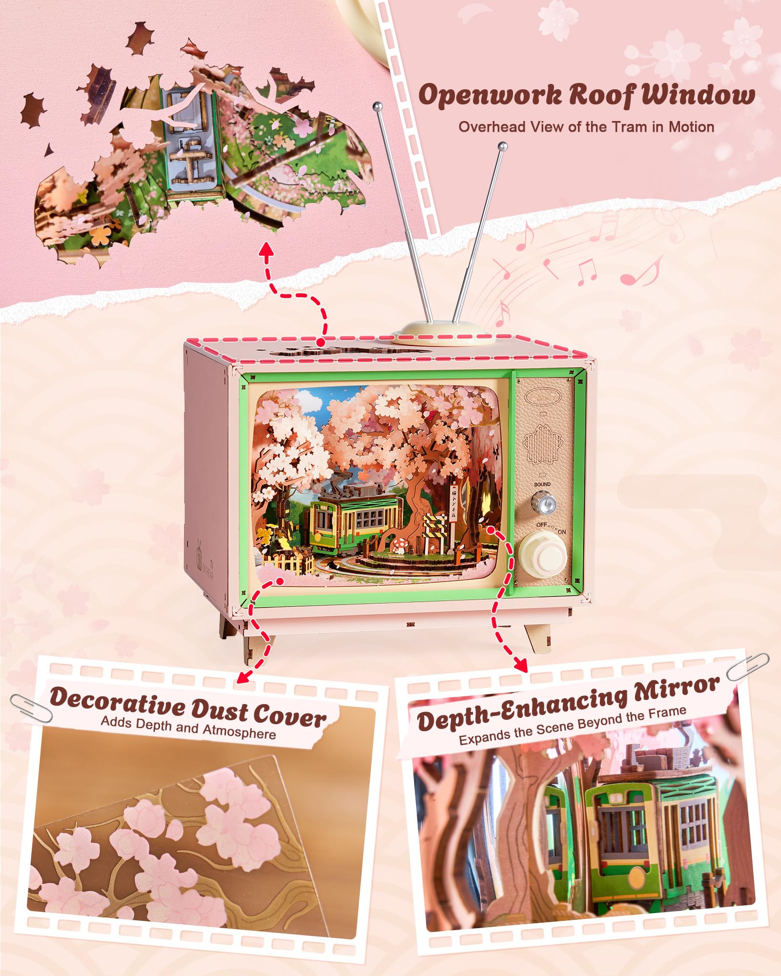 ROBOTIME 3D Wooden Puzzles for Adults DIY Miniature House Kits Music Box for Family Japanese Cherry Blossom Tree for Creative Gifts (Sakura Dreamy