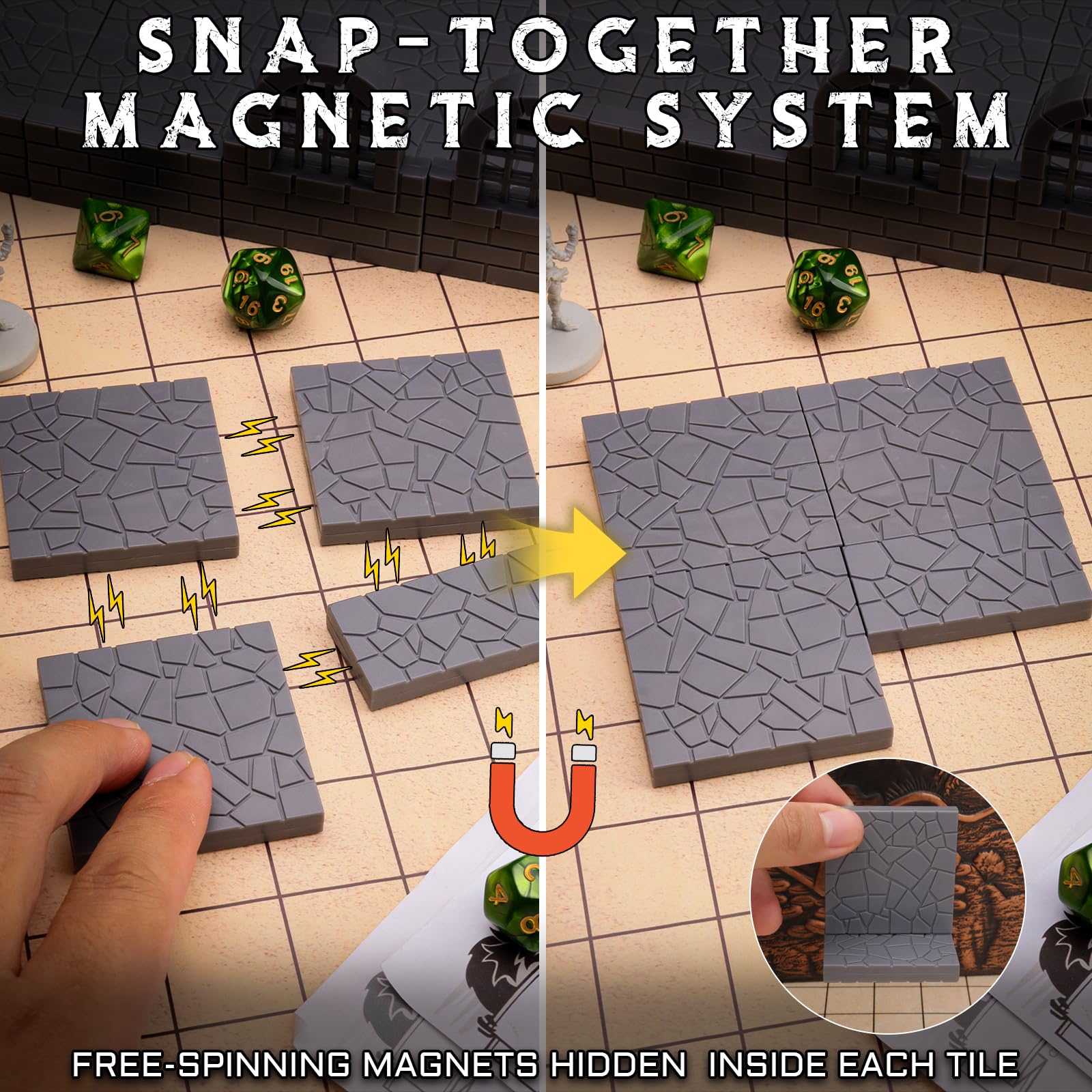 CZYY Magnetic Dungeon Tiles, 58 PCS Modular Terrain Set for RPGs, Basic Set