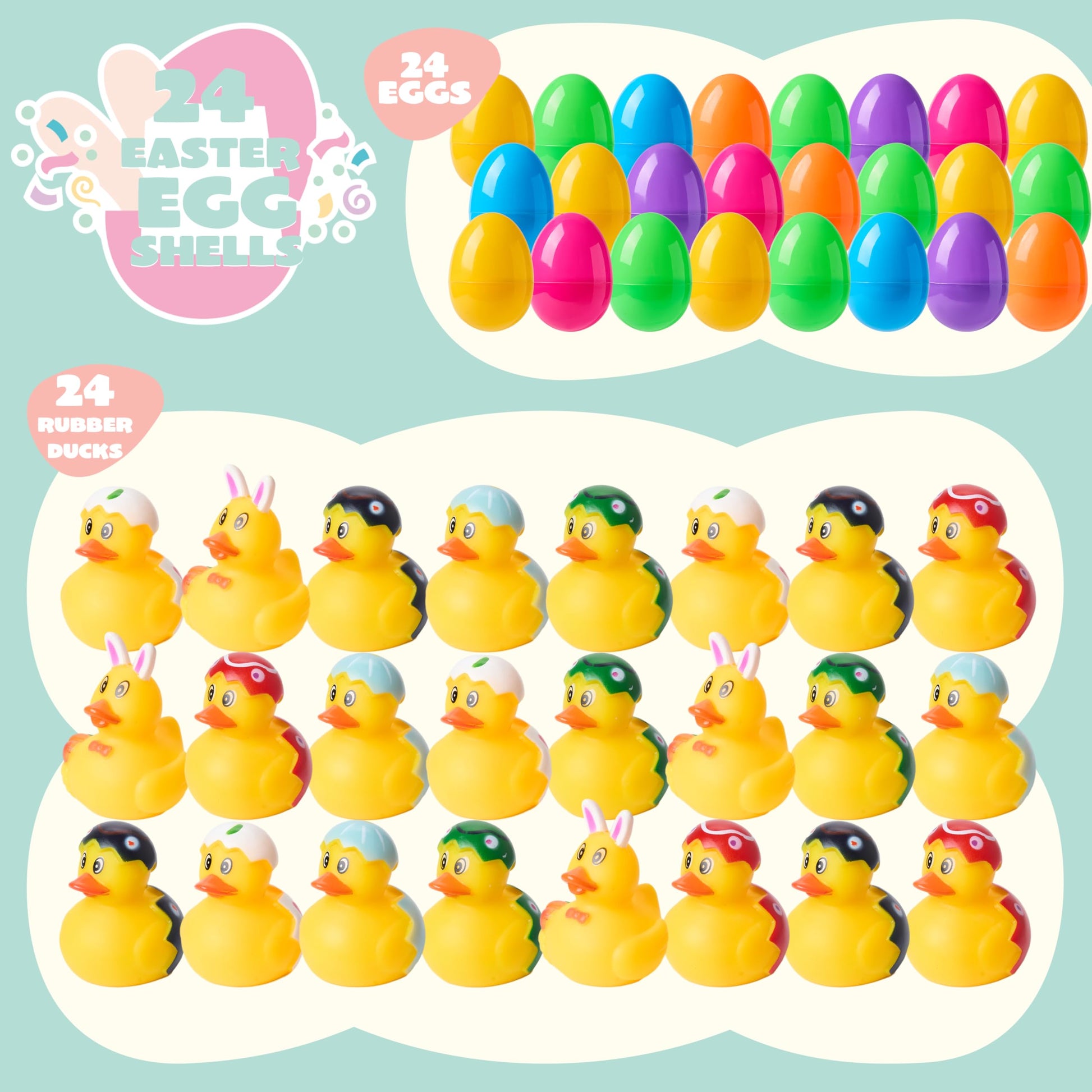 JOYIN 24 Pcs Prefilled Easter Eggs with Rubber Ducks, Variety Duckies for Easter Egg Hunt, Kids Basket Stuffer, Bath Toy Party Favors, Classroom Prize