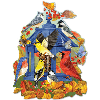 Bits and Pieces Jigsaw Puzzle for Adults - Fall Feeder by Jane Maday - Autumn Birds, Goldfinches, Chickadees, Cardinals, Butterflies, Shaped Puzzle