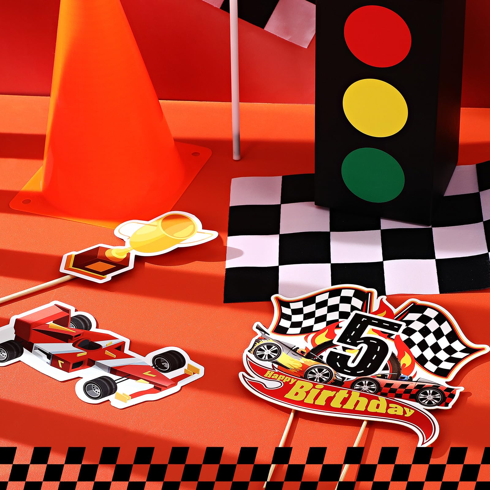 Maitys Race Car 5th Birthday Cake Topper Race Car Theme Birthday Party Supplies Checkered Flag Cupcake Decorations Photo Props for Five Years Old